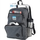 Gray backpack filled with a laptop, books, a tumbler, and electronics.