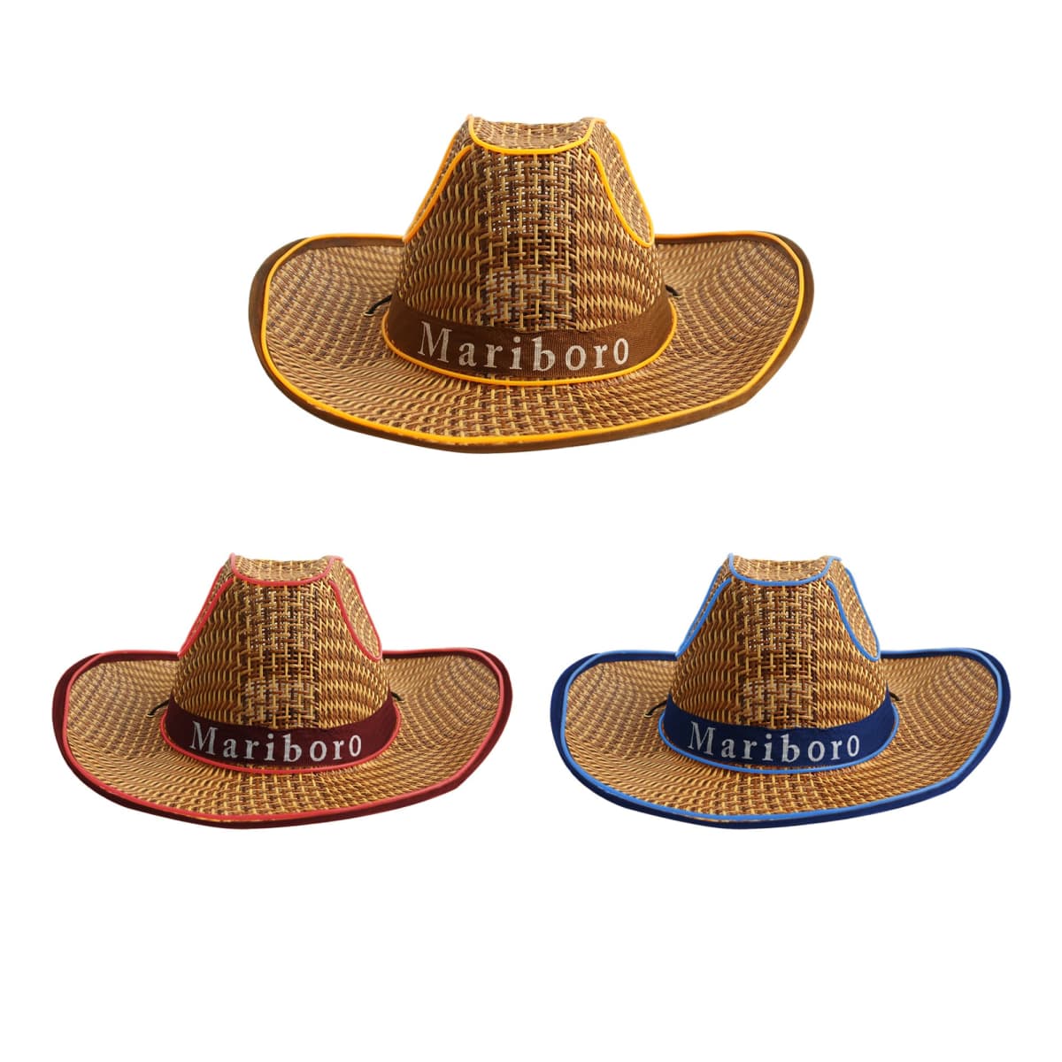 Three straw cowboy hats with Mariboro text, each trimmed in yellow, red, and blue.