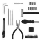 Assorted black and silver tools, including pliers, screwdriver, and knife, on a white background.