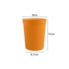 Orange cylindrical container with labeled dimensions: 9cm width, 6.7cm depth, 11cm height.