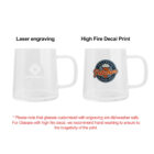 Two glass mugs: one with a subtle laser engraving, one with a colorful decal print on front.