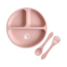 Pink divided plate with matching spoon and fork, designed for children or toddlers.