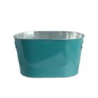 A shiny teal metal bucket with side handles.