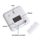 Back view of a square device showing hook, magnet, bracket, and AAA battery compartment.