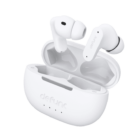 White wireless earbuds with charging case, lid open, against a plain background.