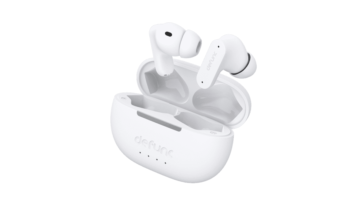 White wireless earbuds with charging case, lid open, against a plain background.