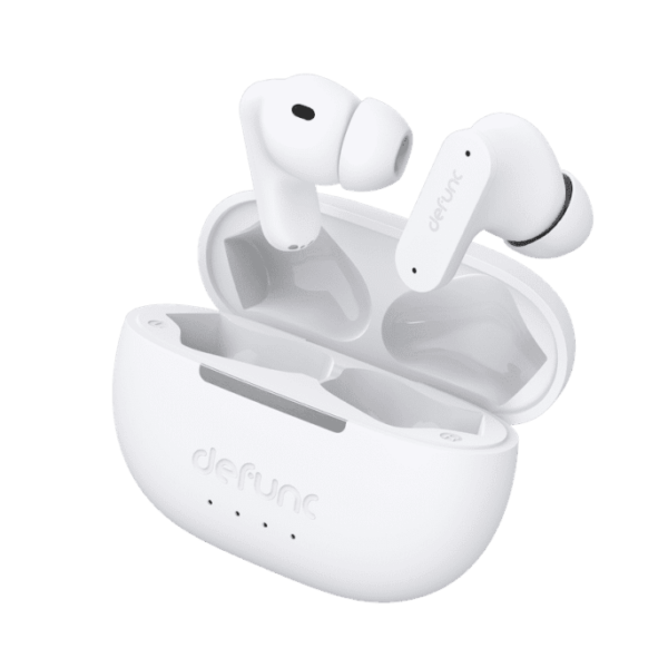 White wireless earbuds with a matching charging case, both labeled defunc.