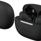 Black wireless earbuds with charging case, one open and one closed.