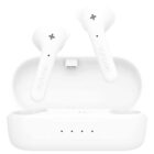 White wireless earbuds with a charging case on a white background.