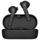 Black wireless earbuds with charging case.