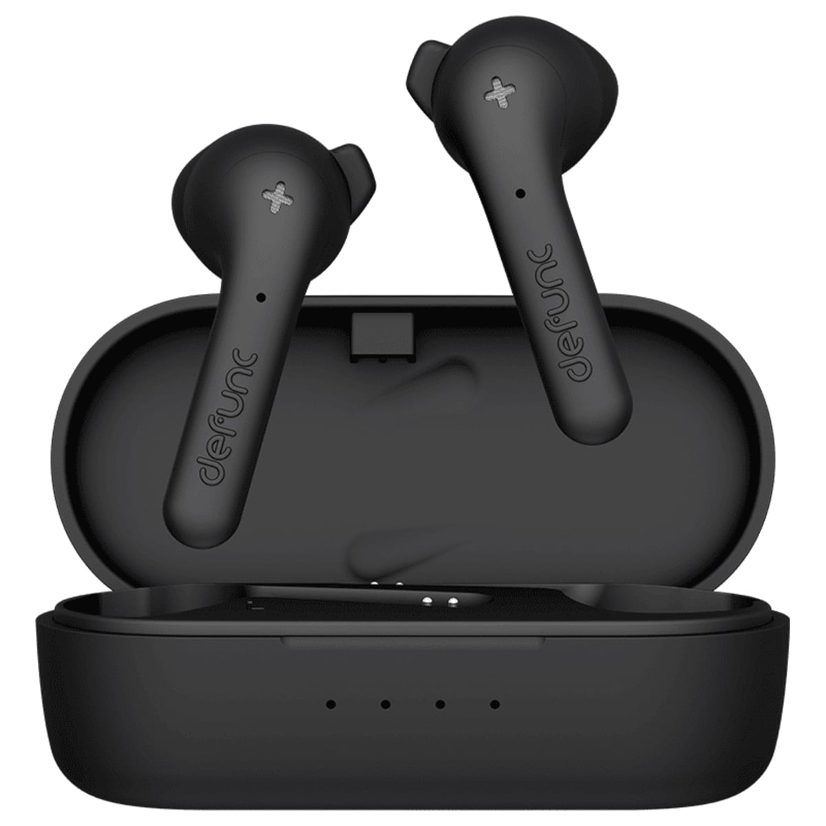 Black wireless earbuds with charging case.