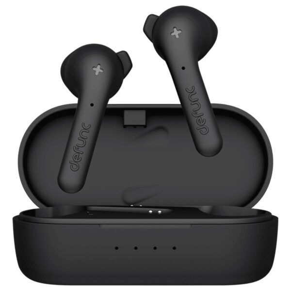 Black wireless earbuds with a charging case, both labeled defunc.