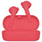 Red wireless earbuds in a matching charging case, with defunc branding visible.