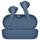 Blue wireless earbuds with charging case open and earbuds positioned above.