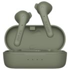 Olive green wireless earbuds with an open charging case on display.