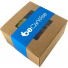 Brown cardboard box with a blue beCarWise label and a small window on top.