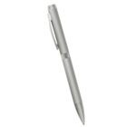 A silver ballpoint pen with a clip, angled on a white background.
