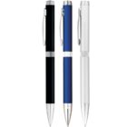 Three retractable pens in black, blue, and silver with metallic accents are standing upright.