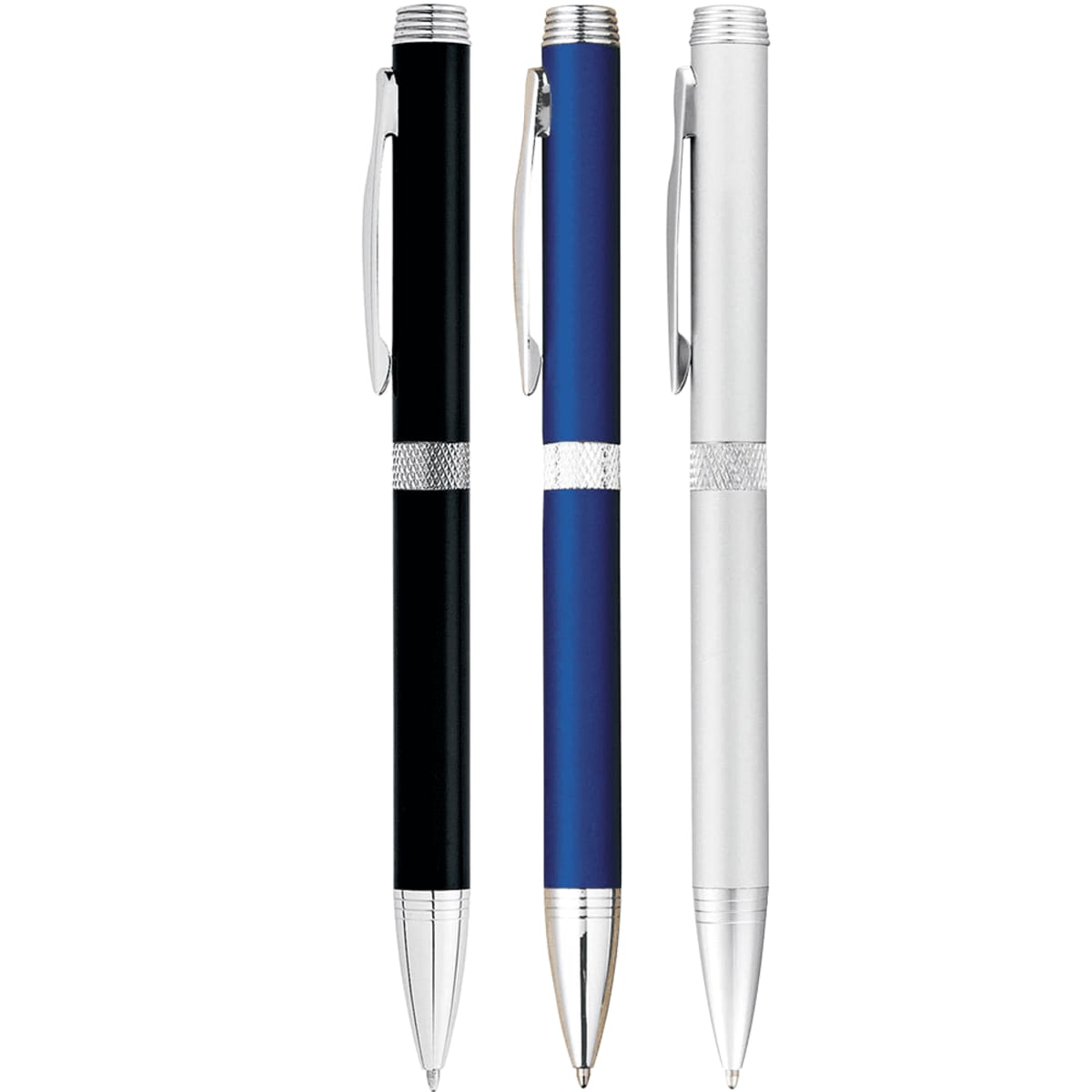Three retractable pens in black, blue, and silver with metallic accents are standing upright.