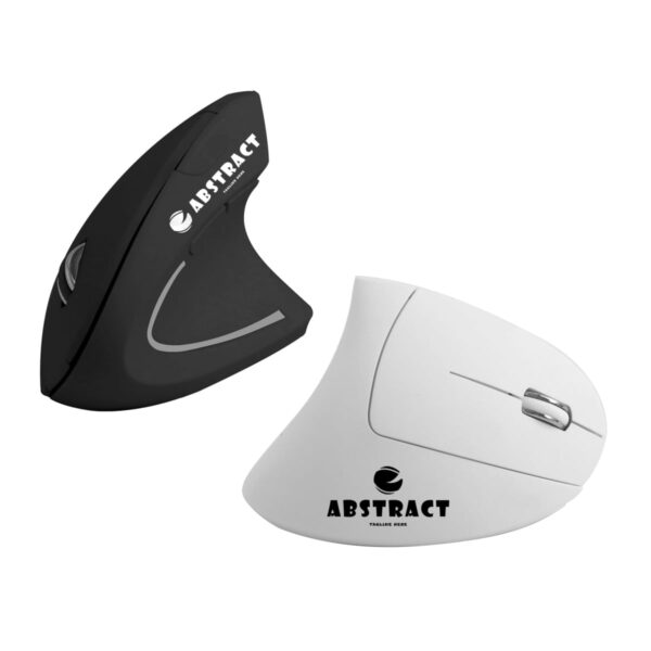 Two vertical ergonomic mice, one black and one white, with Abstract brand logo.