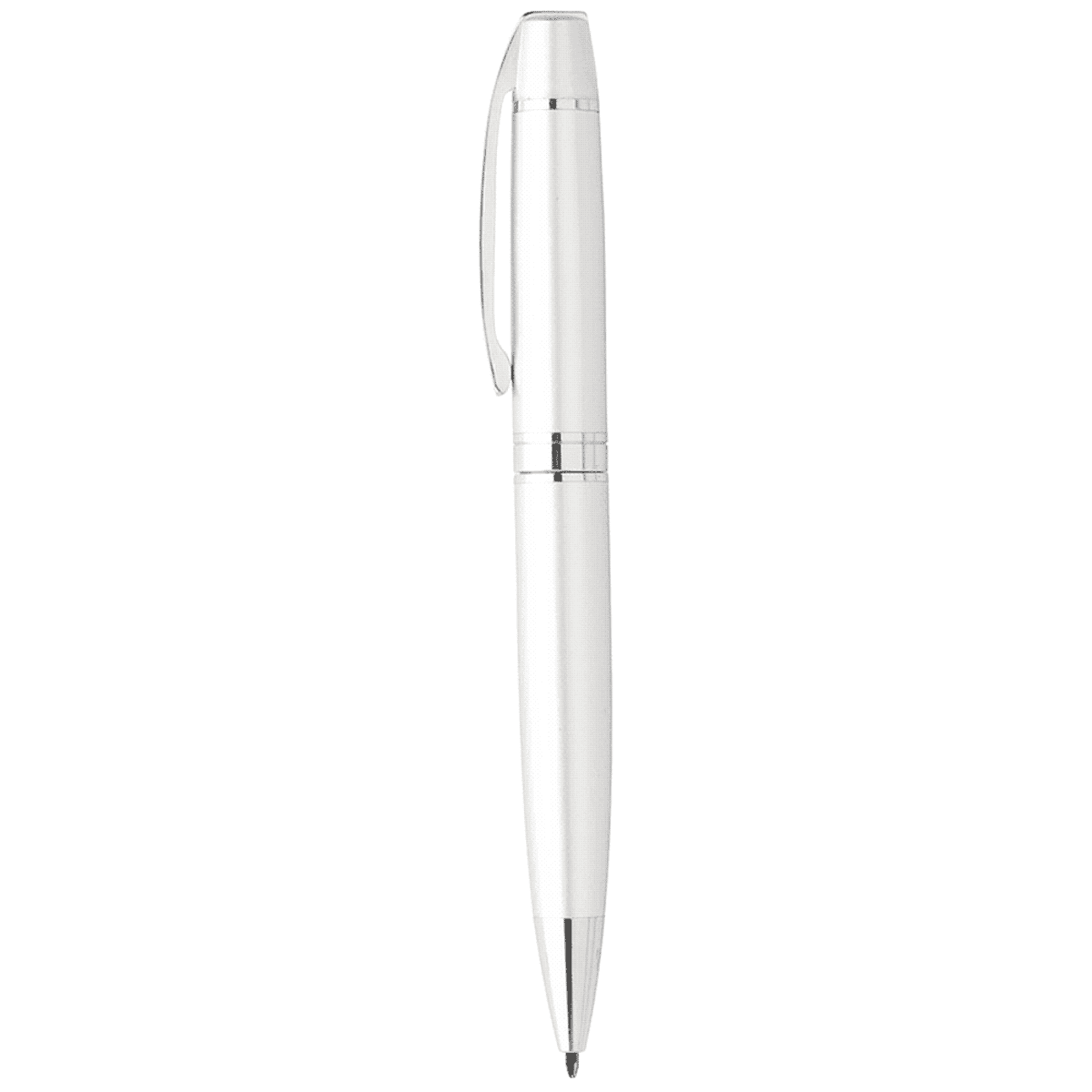 White pen with silver trim and clip on a plain background.