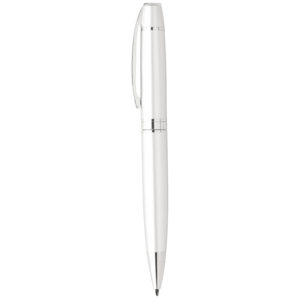 A sleek, metallic silver pen with a clip, shown vertically against a white background.