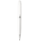 A sleek silver ballpoint pen with a clip, standing vertically on a white background.