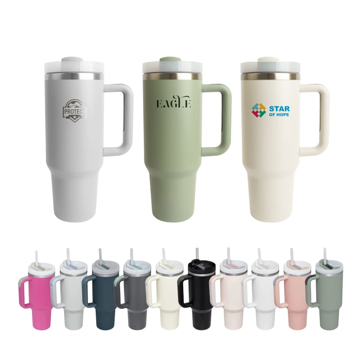 Twelve large travel mugs with handles and straws in various colors, some with logos.
