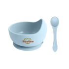 Light blue baby bowl with a matching spoon and BabyBear logo on the bowl.