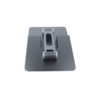 Black metal adjustable laptop stand on a white background, viewed from above.