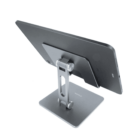 A tablet mounted on a silver adjustable metal stand, viewed from the back.