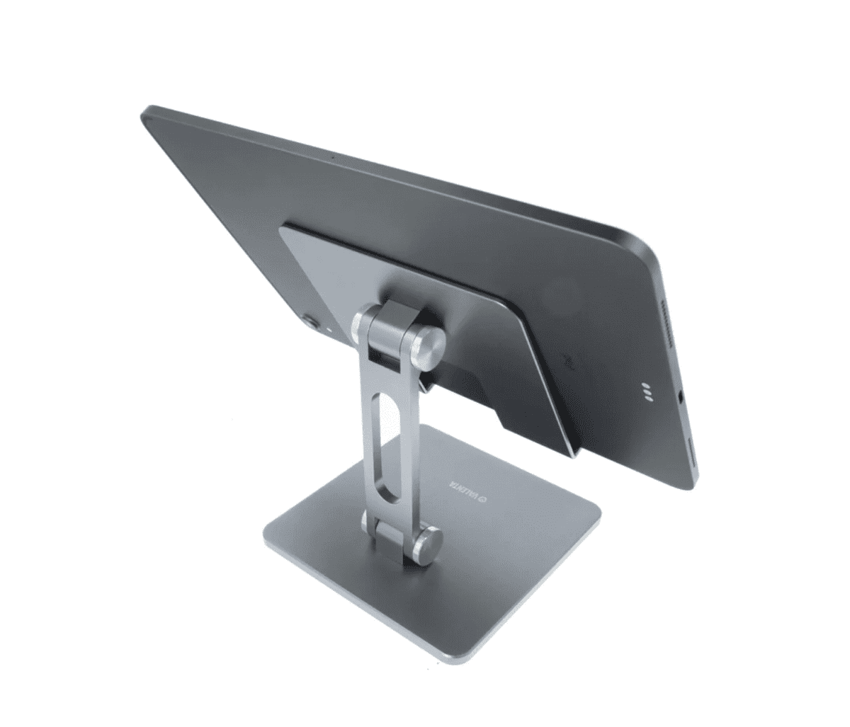 A tablet mounted on a silver adjustable metal stand, viewed from the back.