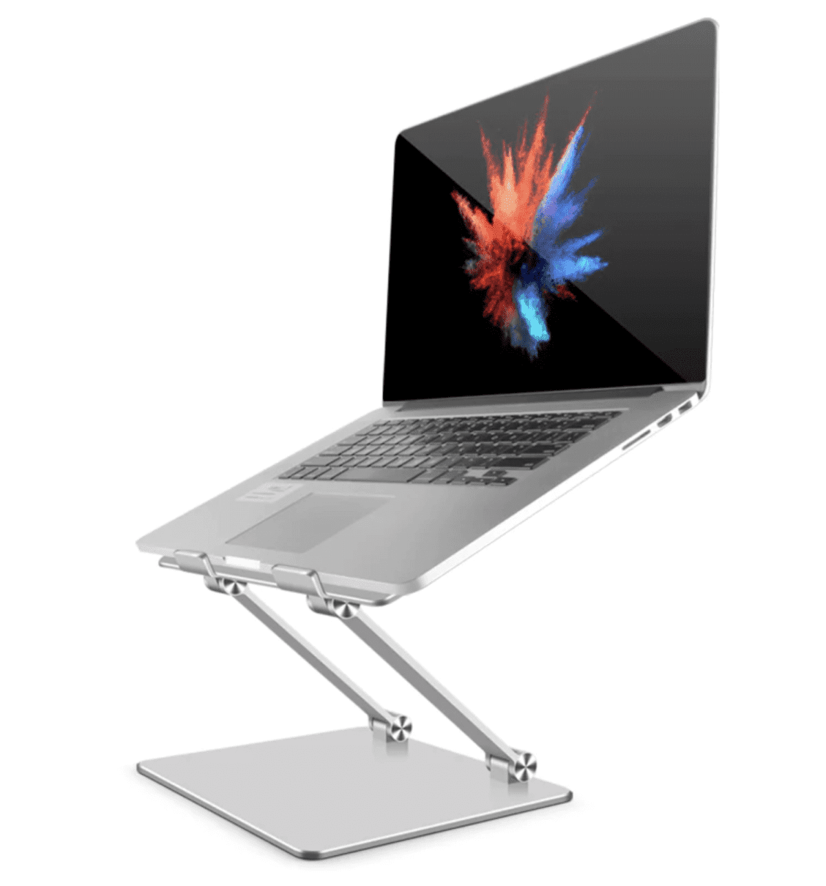 Silver laptop on an adjustable metal stand with colorful abstract image on the screen.