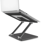 A silver laptop on a black adjustable metal stand with a flat base.