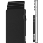 Slim black wallet with cards extended, shown next to an iPhone for size comparison.