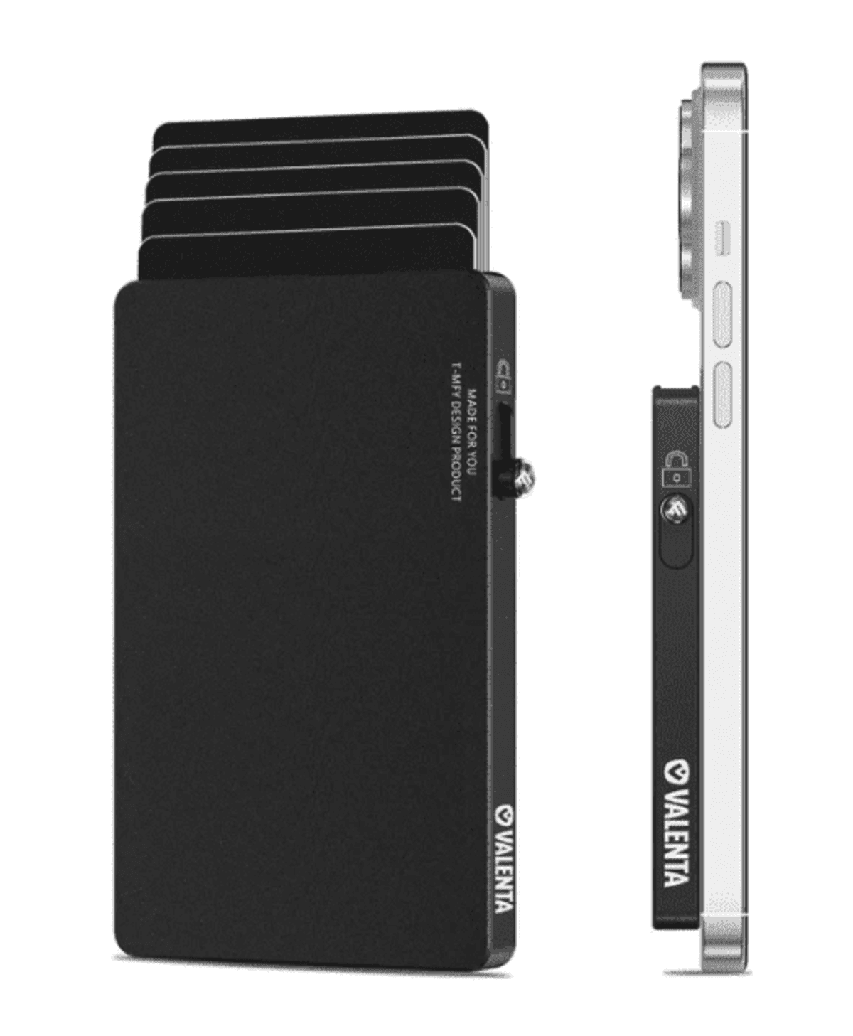Slim black wallet with cards extended, shown next to an iPhone for size comparison.