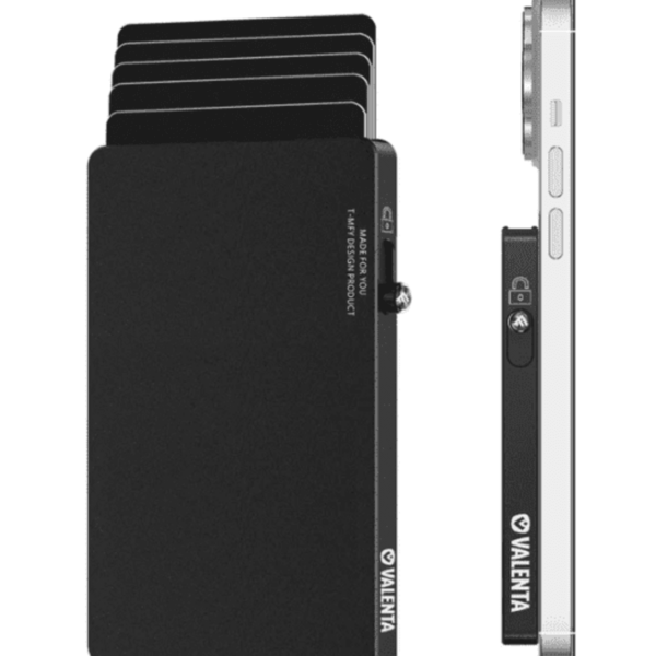 Black Valenta cardholder with cards fanned out, shown next to a smartphone for size comparison.