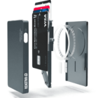 Exploded view of a slim black card holder with several credit cards inside.