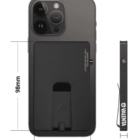 Smartphone with a detachable black wallet, dimensions shown alongside a wrist strap.