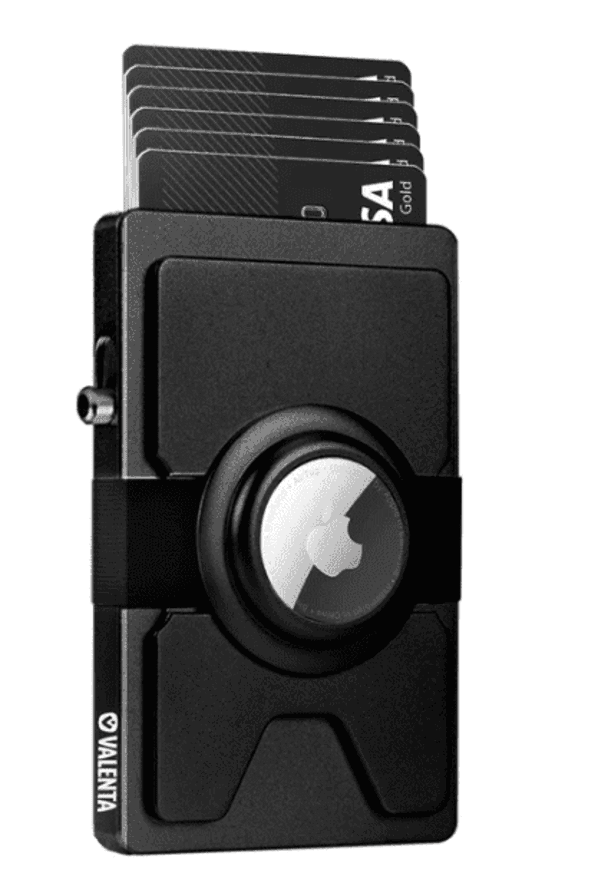 Black wallet with multiple cards and an attached round tracking device in the center.
