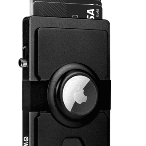 Black card holder with multiple cards inserted, featuring a circular tracker holder.