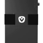 Black portable device with a strap and a white logo in the center.