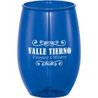 Blue plastic cup with Valle Tierno Vineyard & Winery printed in white.