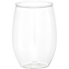 Clear, transparent, stemless plastic wine glass against a plain white background.