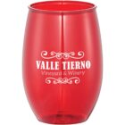 Red plastic wine glass labeled Valle Tierno Vineyard & Winery with white decorative accents.