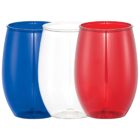 Red, white, and blue plastic tumblers arranged in a row.
