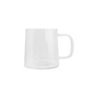 Clear glass mug with a handle, placed on a white background.