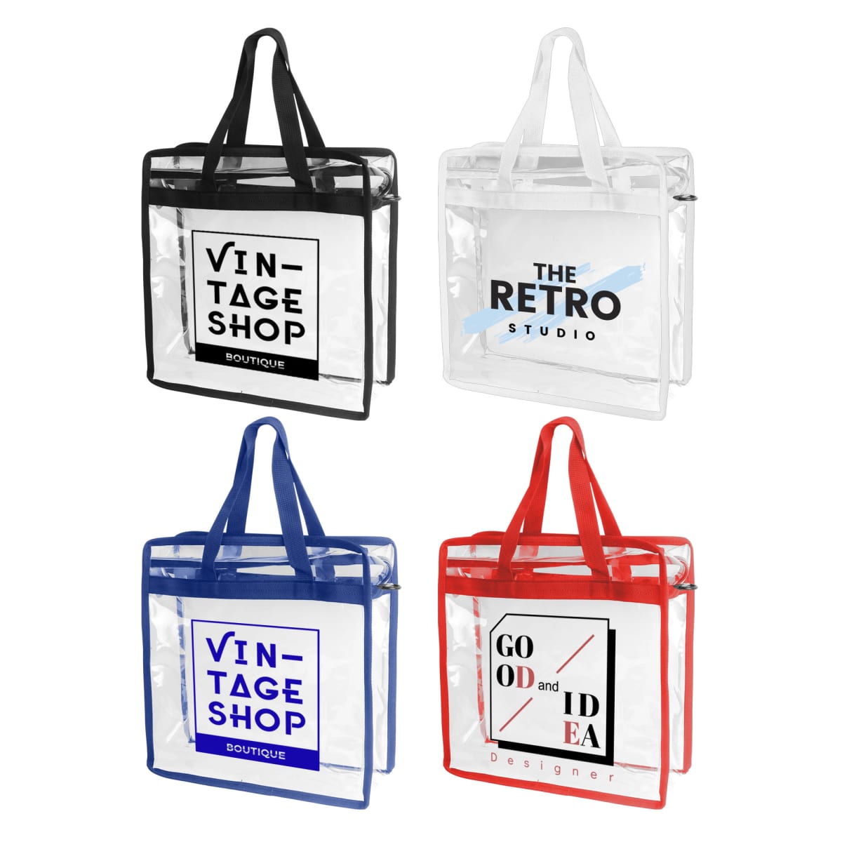 Four clear tote bags with colored trim and printed logos in black, white, blue, and red.