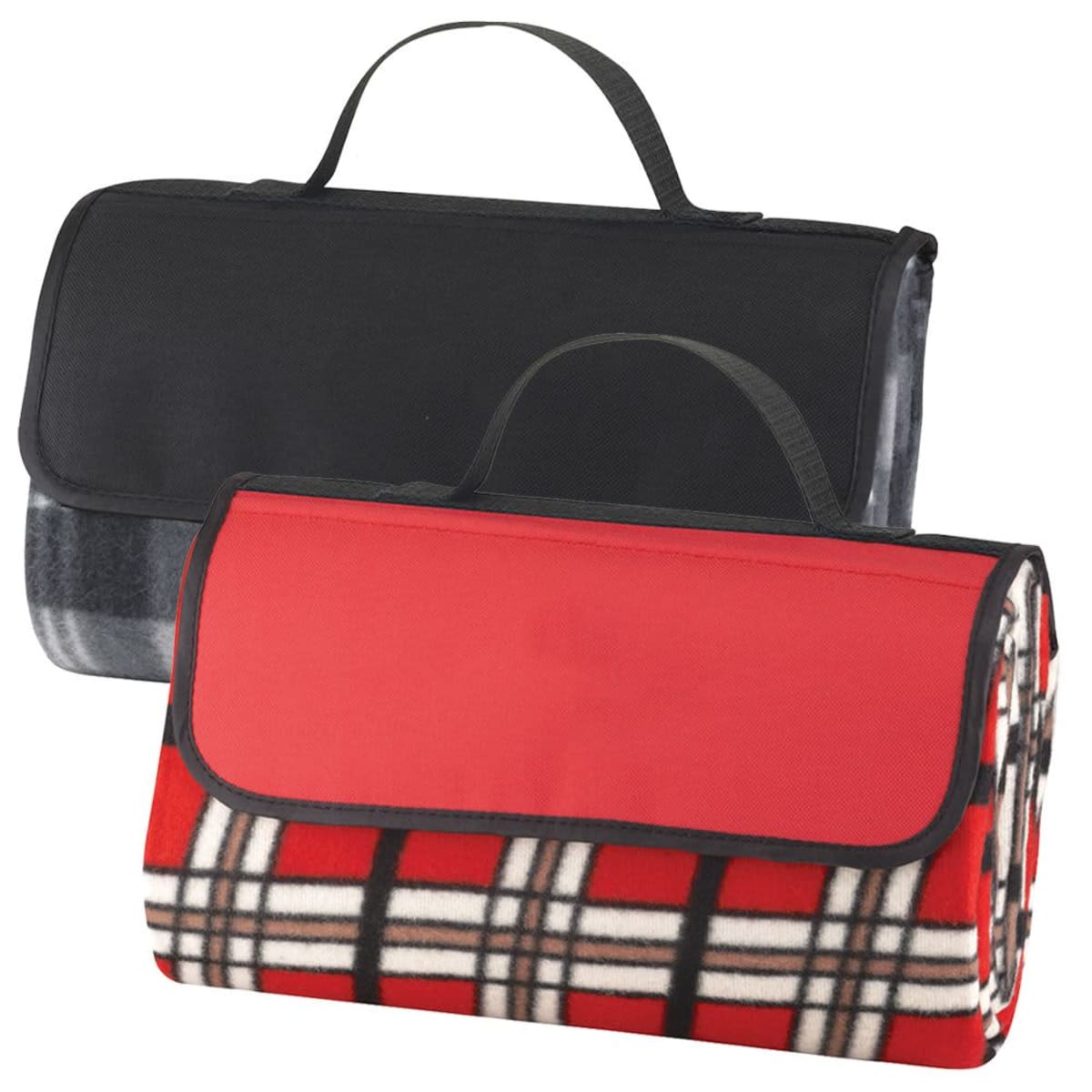 Two rolled-up picnic blankets, one red plaid, one black, with handles.