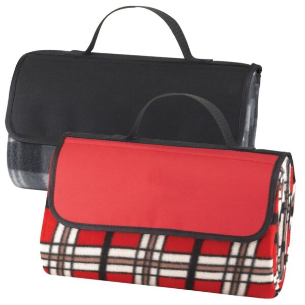 Two folded picnic blankets with handles; one black, one red with plaid pattern.